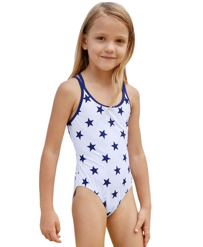 Blue Stars Print White Kid Girls Maillot